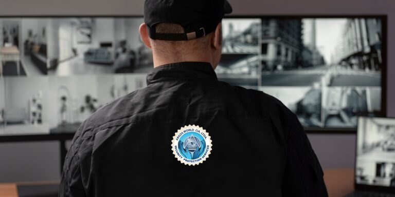 Guardia de seguridad de Argos Security World con logo en uniforme, monitoreando pantallas de videovigilancia.
