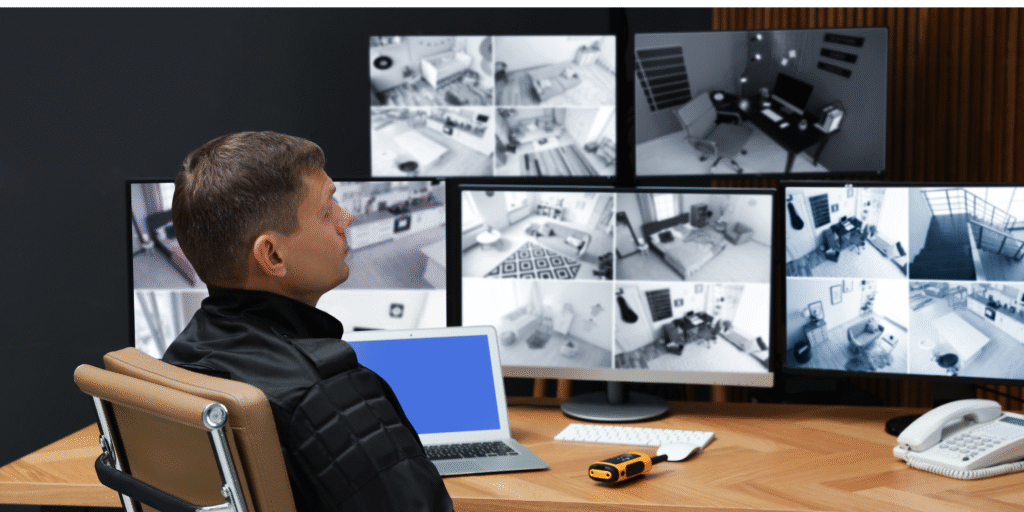 Hombre observando múltiples pantallas de monitoreo de seguridad en un centro de control. Vigilancia integral en tiempo real.

monitoreo de seguridad, centro de control, vigilancia, tiempo real.