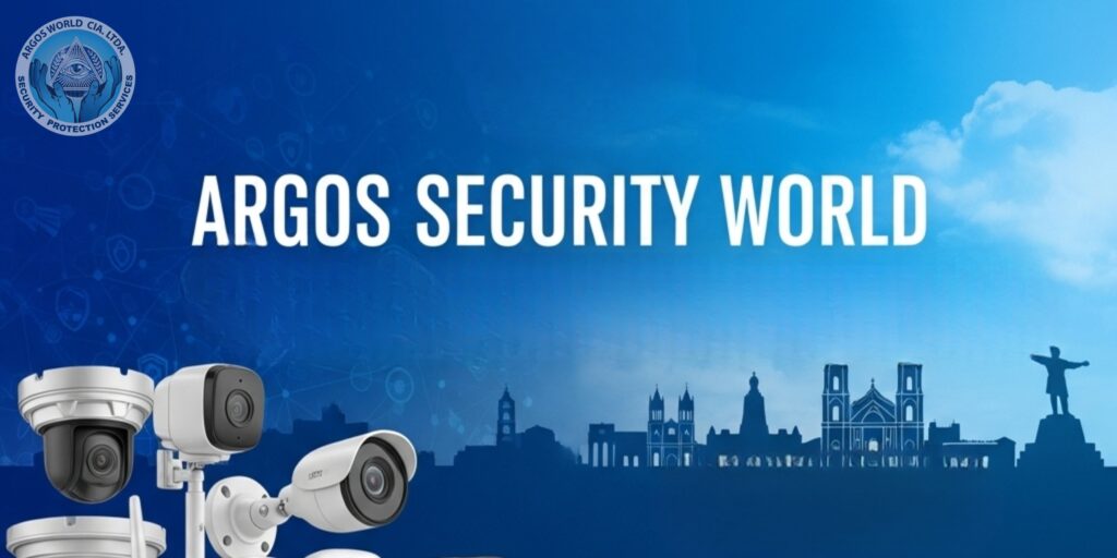 Banner de la empresa Argos Security World mostrando diferentes tipos de cámaras de seguridad con una silueta de la ciudad de Quito de fondo.