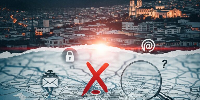 Banner para web con un mapa de Quito rasgado, superpuesto sobre una vista nocturna de la ciudad. El mapa tiene una gran X roja, una lupa, y varios iconos de seguridad como un candado, un sobre y el símbolo de arroba.