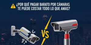 Banner de advertencia que compara una cámara de seguridad rota y barata con una cámara de alta calidad, con el texto ¿POR QUÉ PAGAR BARATO POR CÁMARAS TE PUEDE COSTAR TODO LO QUE AMAS?