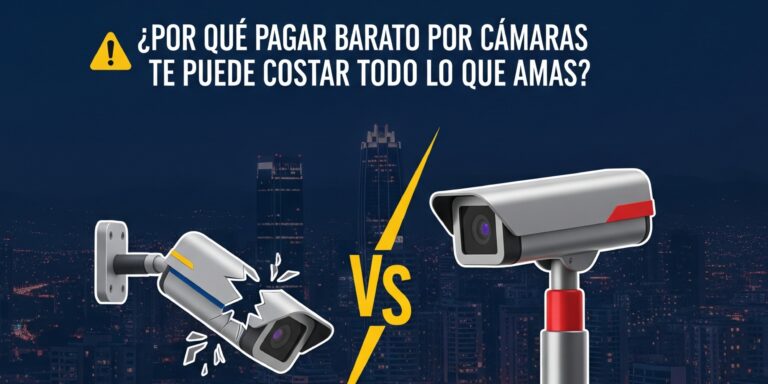 Banner de advertencia que compara una cámara de seguridad rota y barata con una cámara de alta calidad, con el texto ¿POR QUÉ PAGAR BARATO POR CÁMARAS TE PUEDE COSTAR TODO LO QUE AMAS?