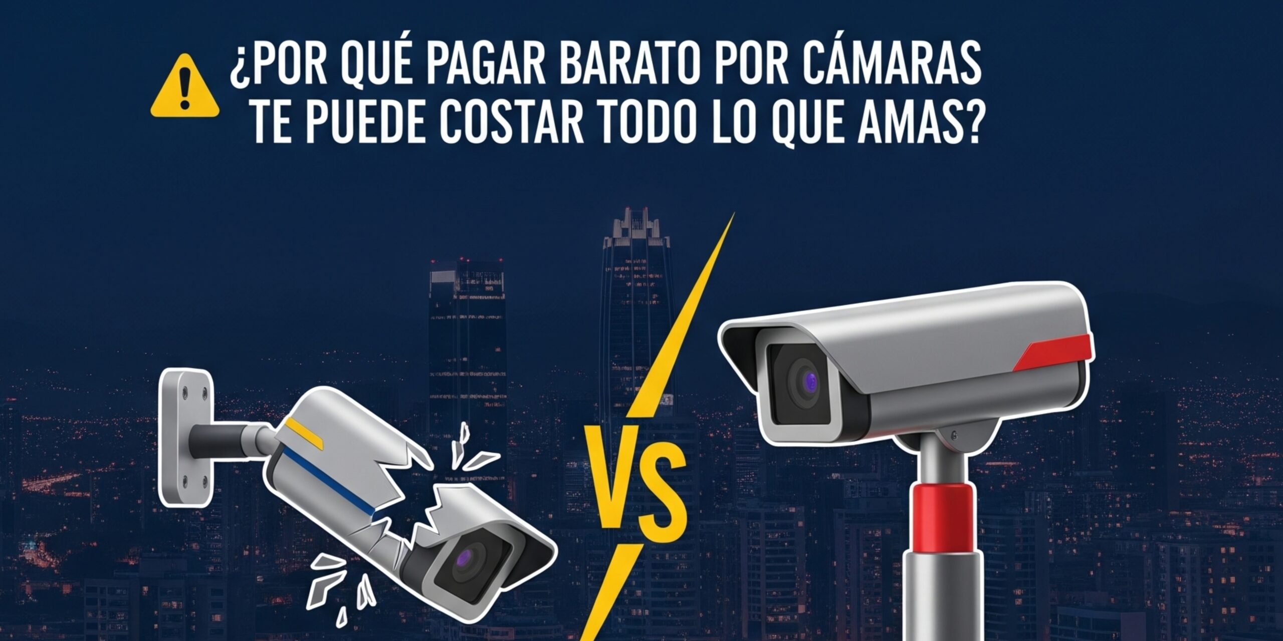 Banner de advertencia que compara una cámara de seguridad rota y barata con una cámara de alta calidad, con el texto ¿POR QUÉ PAGAR BARATO POR CÁMARAS TE PUEDE COSTAR TODO LO QUE AMAS?