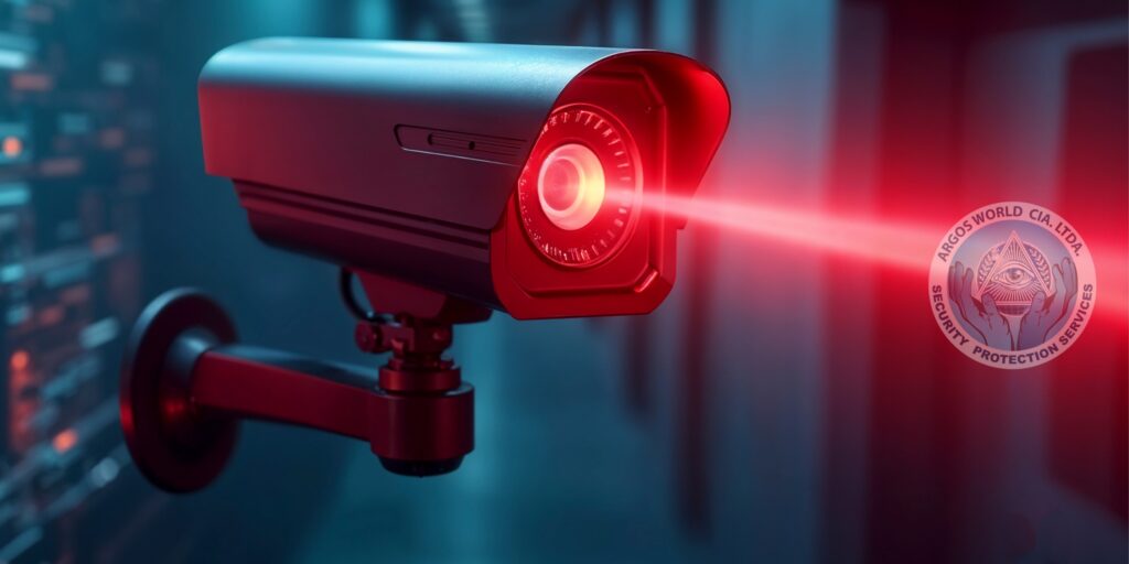 Primer plano de una cámara de seguridad de alta tecnología emitiendo un potente rayo de luz roja, con el logo de Argos World en la esquina inferior derecha.